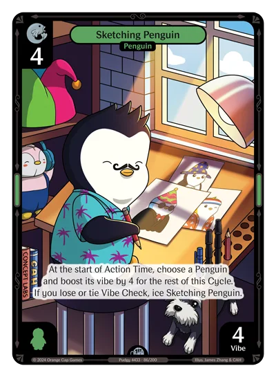 Sketching Penguin, a Vibes card